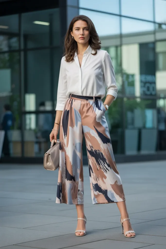 Spring Abstract Print Culottes Office Outfit