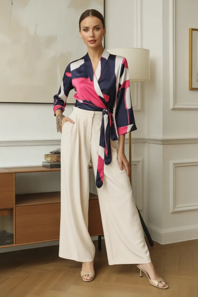 Spring Abstract Print Wrap Top Classy Dinner Outfit