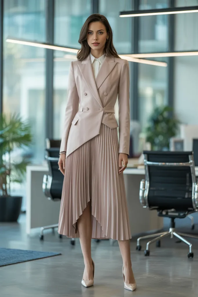 Spring Asymmetrical Pleated Midi Office Outfit
