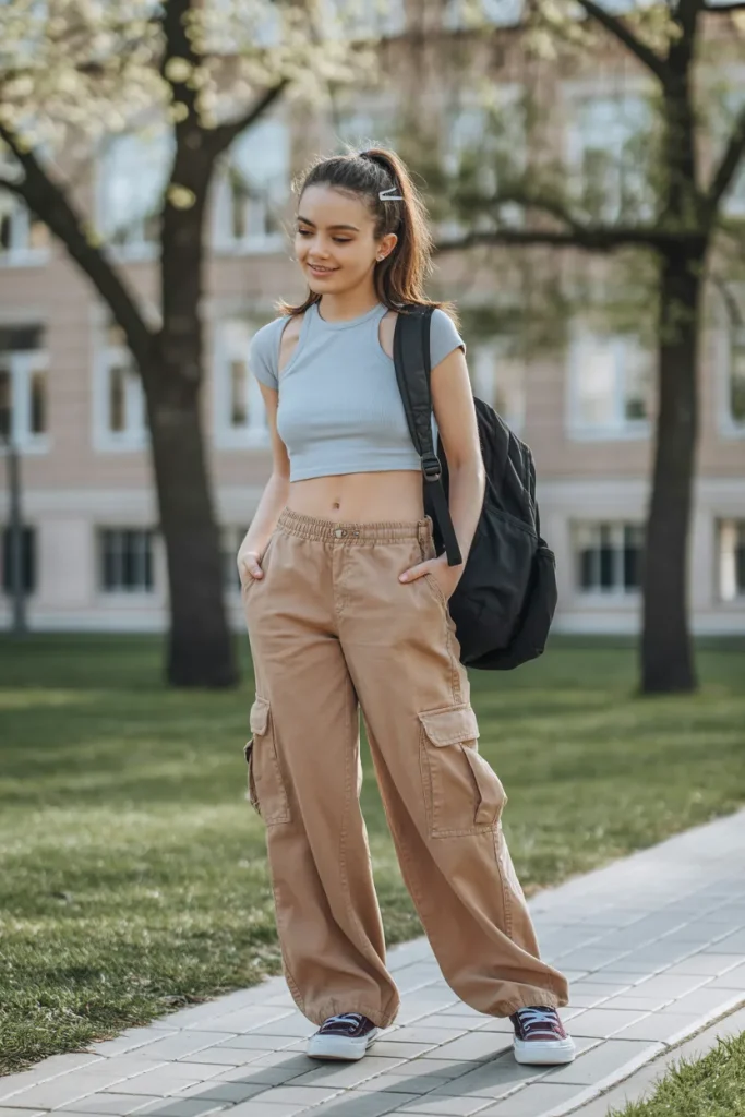 Spring Baggy Cargo Pants with Cropped Top