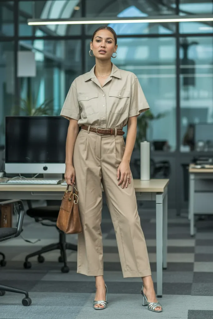 Spring Belted Safari Shirt Cropped Trousers Office Outfit