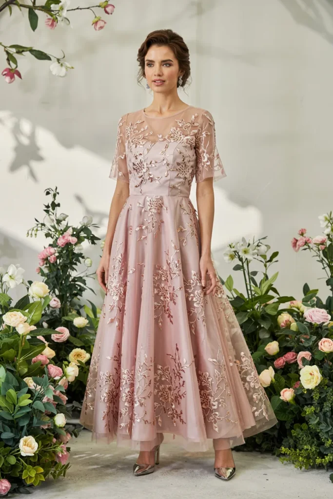 Spring Blossom Dusty Rose Floral Embroidered Tulle A line Mother of the Bride Dress