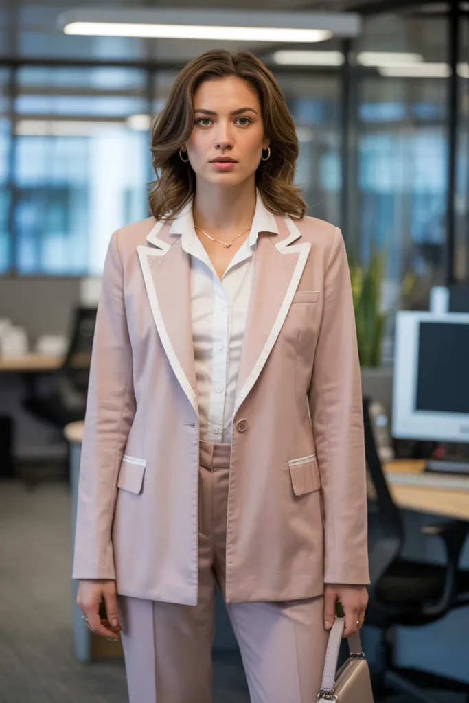 Spring Blush Pink White Trim Blazer Office Outfit