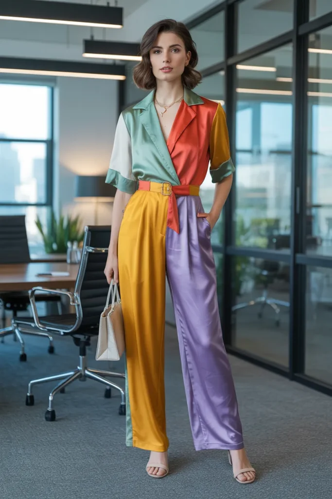 Spring Colorblock Silk Jumpsuit Office Outfit