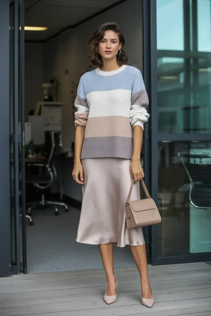 Spring Colorblock Sweater Silk Slip Skirt Office Outfit