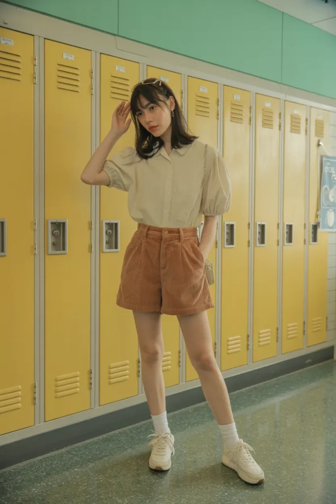 Spring Corduroy Shorts Puff Sleeve Blouse Outfit