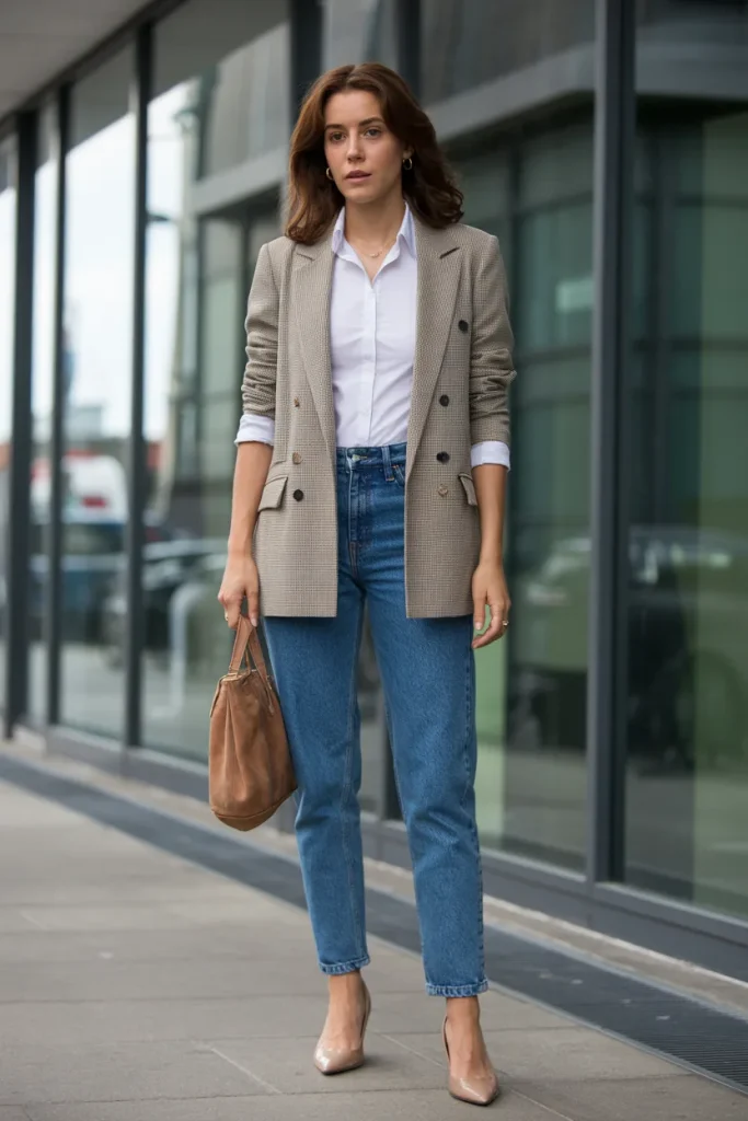 Spring Dark-Wash Jeans Paired with Tailored Blazer