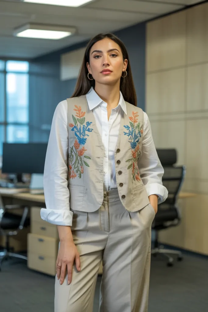 Spring Embroidered Linen Vest Office Outfit