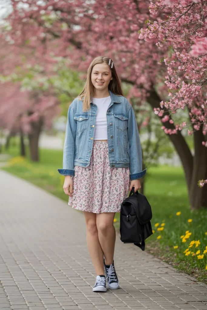Spring Floral Print Skirt with Denim Jacket