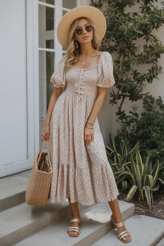 Spring Floral Puff Sleeve Midi Dress Birthday Brunch Outfit