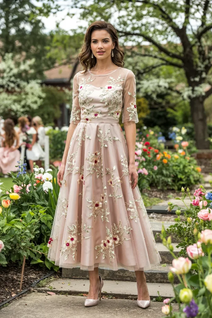 Spring Garden Party Floral Embroidered Tulle Tea Length Mother of the Bride Dress