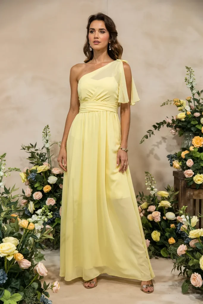 Spring Goddess Pale Yellow Chiffon One Shoulder Maxi Mother of the Bride Dress