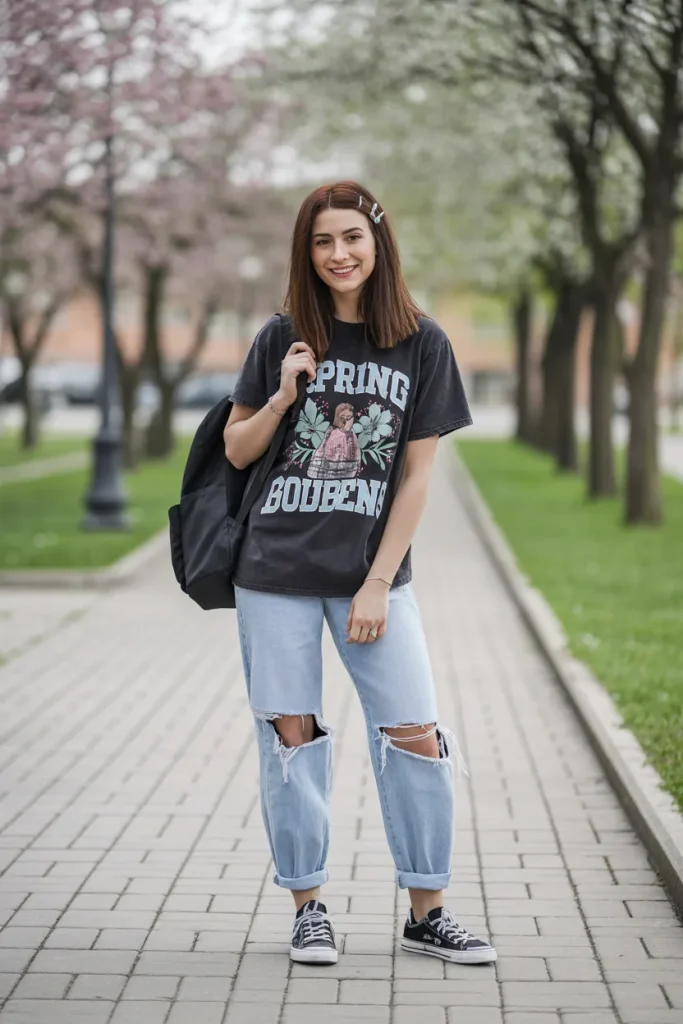 Spring Graphic Tee with Ripped Boyfriend Jeans