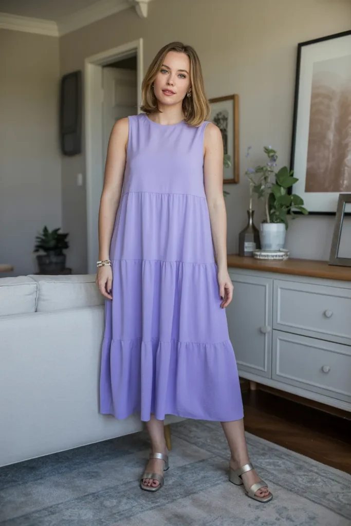 Spring Lavender Tiered Midi Dress Work Outfit