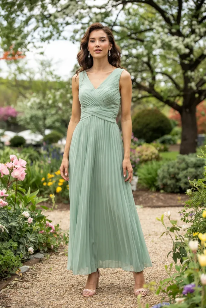 Spring Meadow Sage Green Chiffon Pleated Maxi Mother of the Bride Dress