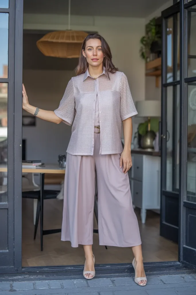 Spring Mesh Panel Blouse Culottes Work Outfit