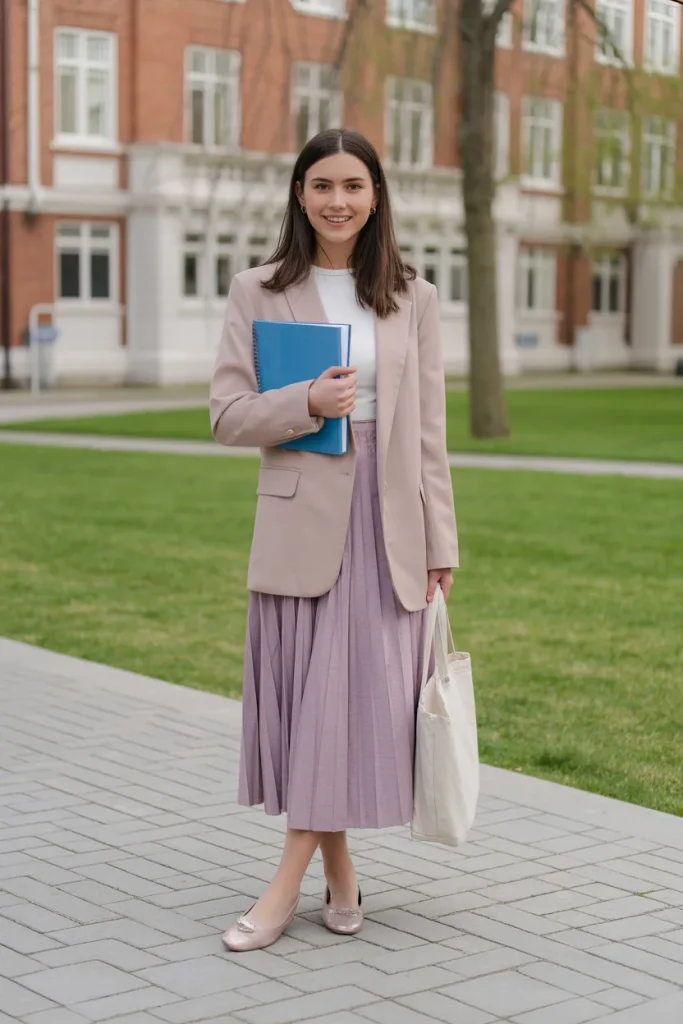 Spring Modest Midi Skirt Longline Blazer Outfit