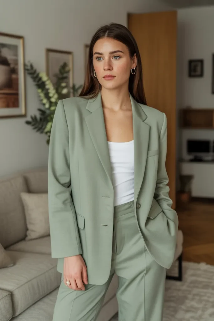 Spring Monochromatic Sage Power Suit Work Outfit
