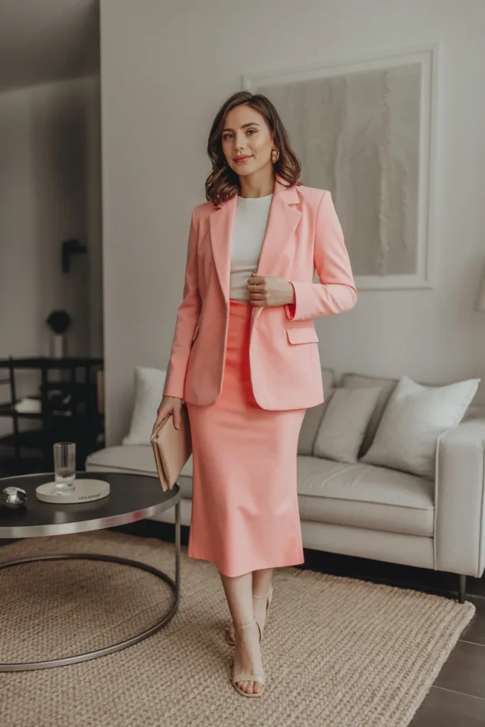 Spring Neoprene Midi Skirt Suit Work Outfit