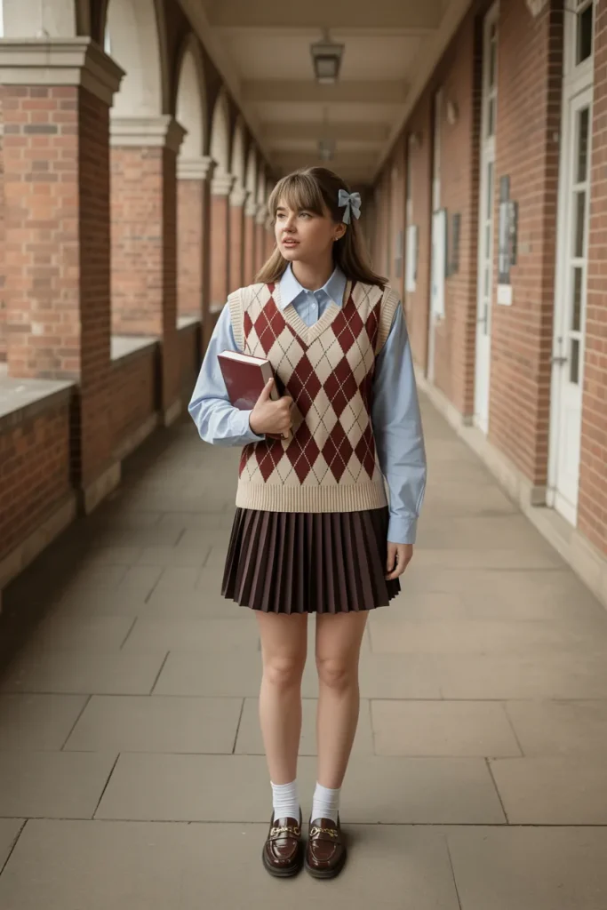 Spring Preppy Argyle Pleated Skirt Outfit