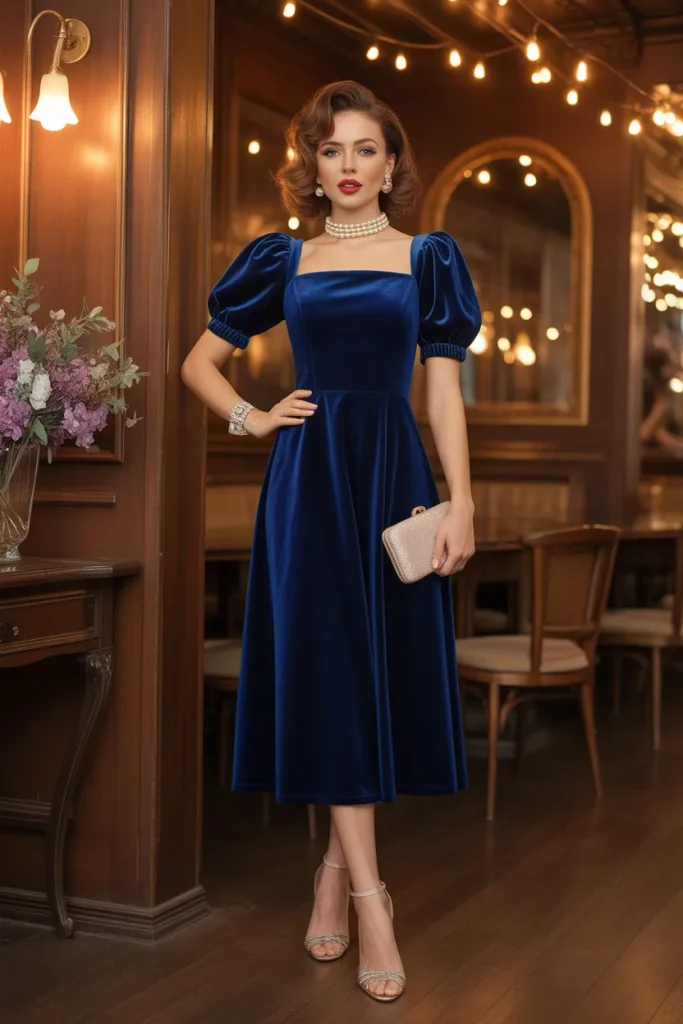 Spring Royal Blue Velvet Midi Dress Retro Outfit