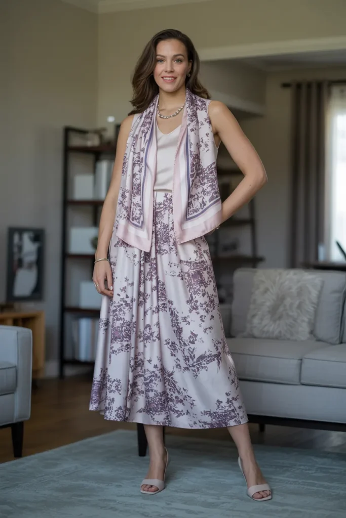 Spring Scarf Print Midi Skirt Ensemble Work Outfit