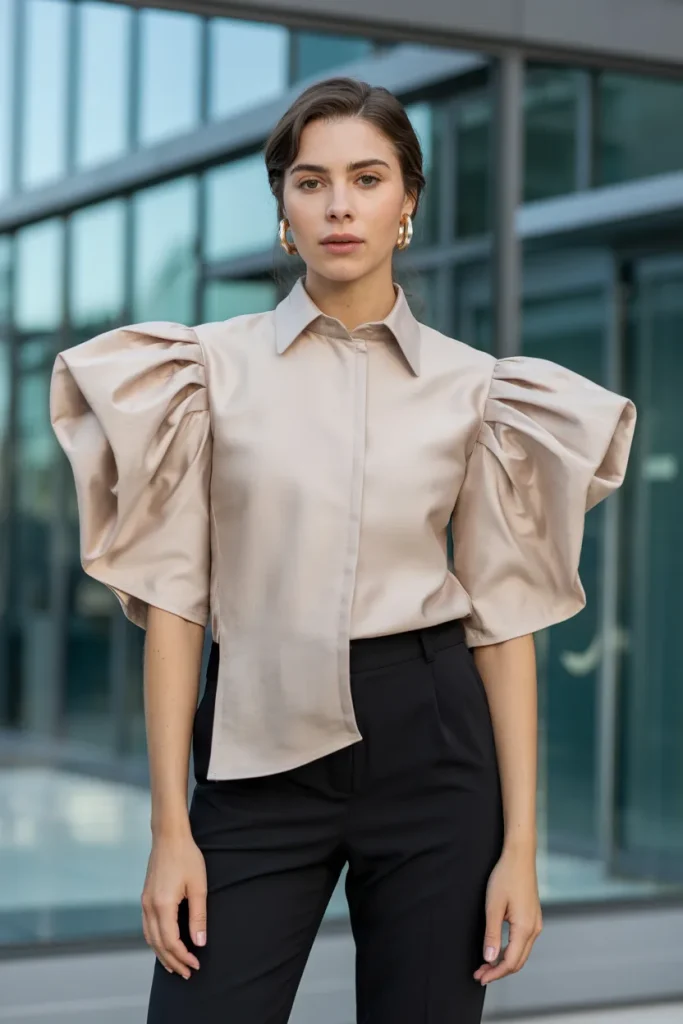 Spring Sculptural Sleeve Blouse Office Outfit