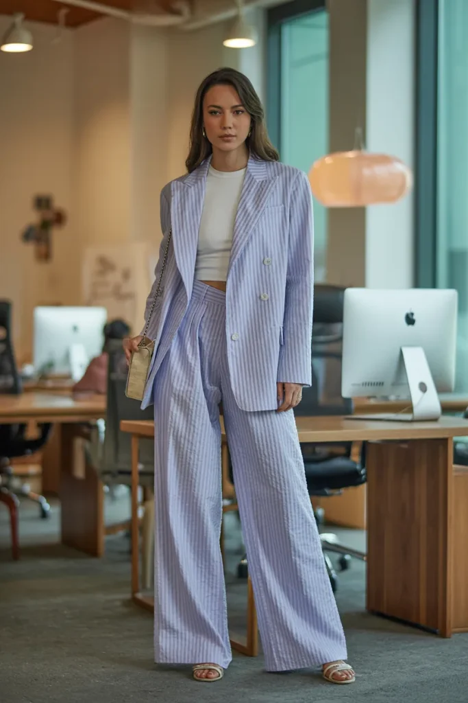 Spring Seersucker Wide Leg Suit Office Outfit