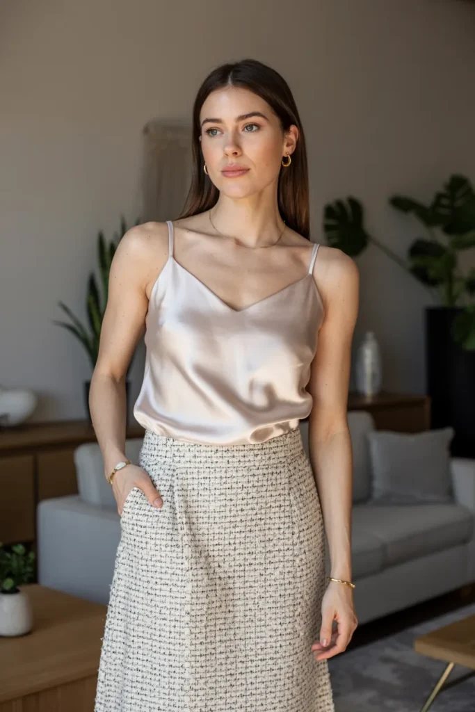 Spring Silk Camisole Tweed Skirt Work Outfit