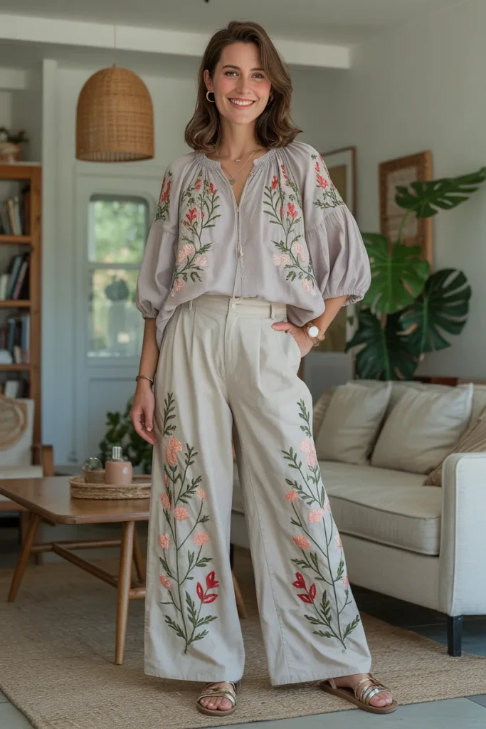 Spring Summer Botanical Embroidery Wide Leg Pants Outfit