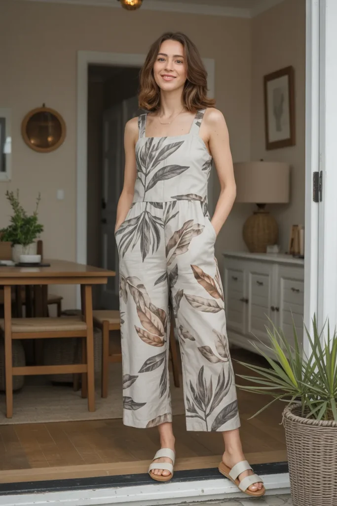 Spring Summer Botanical Linen Jumpsuit Ensemble