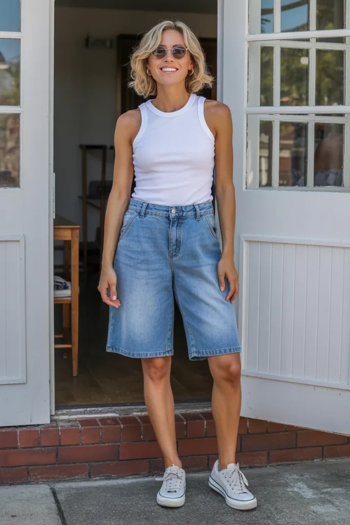 Spring Summer Denim Bermuda Shorts Ribbed White Tank Top