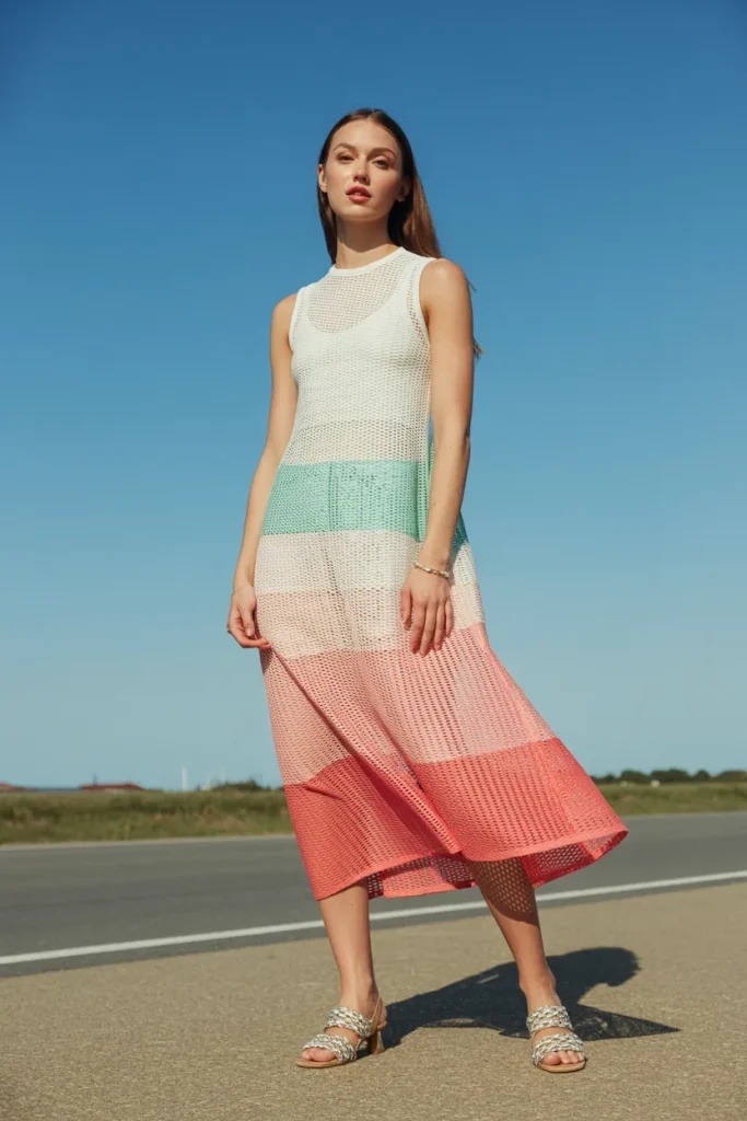 Spring Summer Gradient Mesh Midi Dress Composition