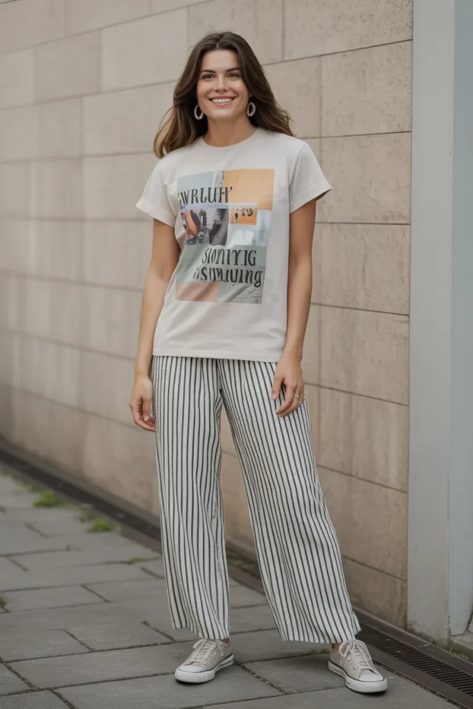 Spring Summer Graphic T Shirts Striped Pants
