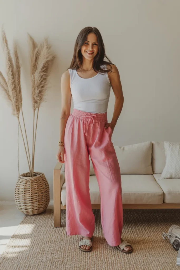 Spring Summer Pink Linen Pants & Neutral White Top