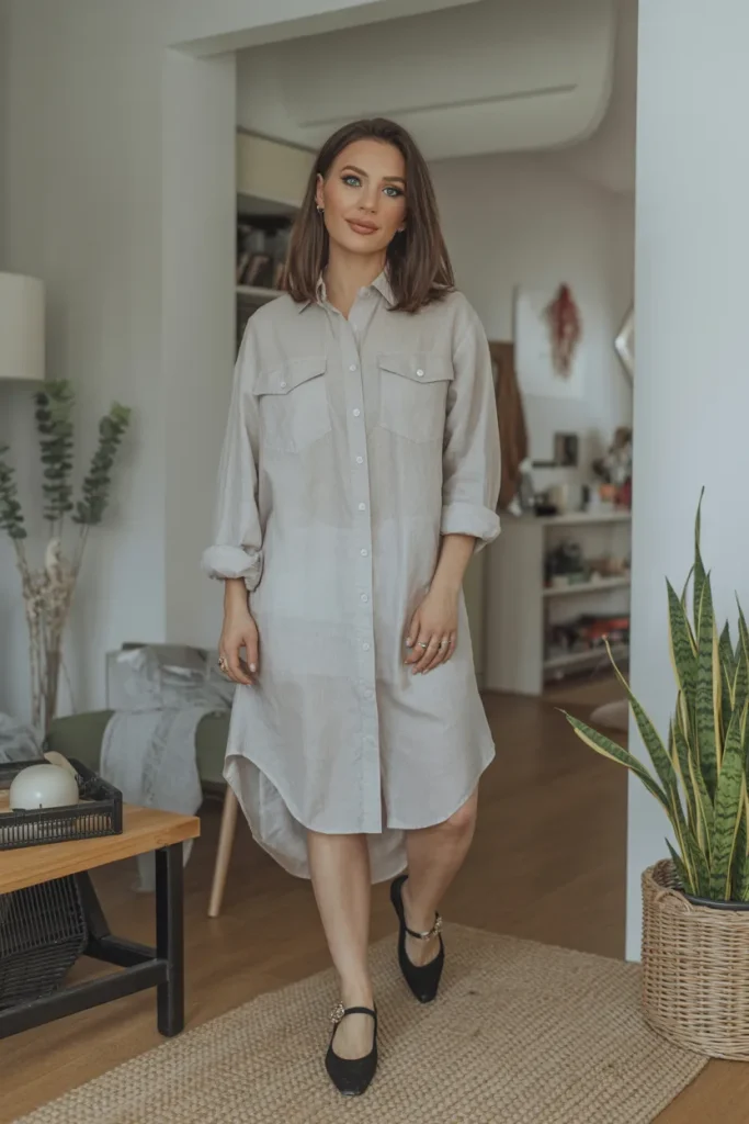 Spring Summer Sheer Linen Shirt Dress Outfit