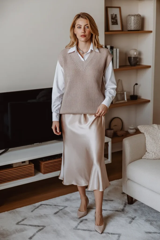 Spring Sweater Vest with Satin Midi Skirt Work Outfit