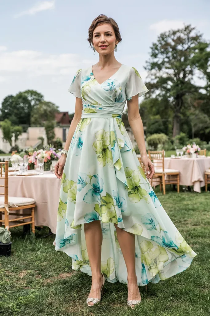 Springtime Floral Watercolor Print Chiffon High Low Mother of the Bride Dress