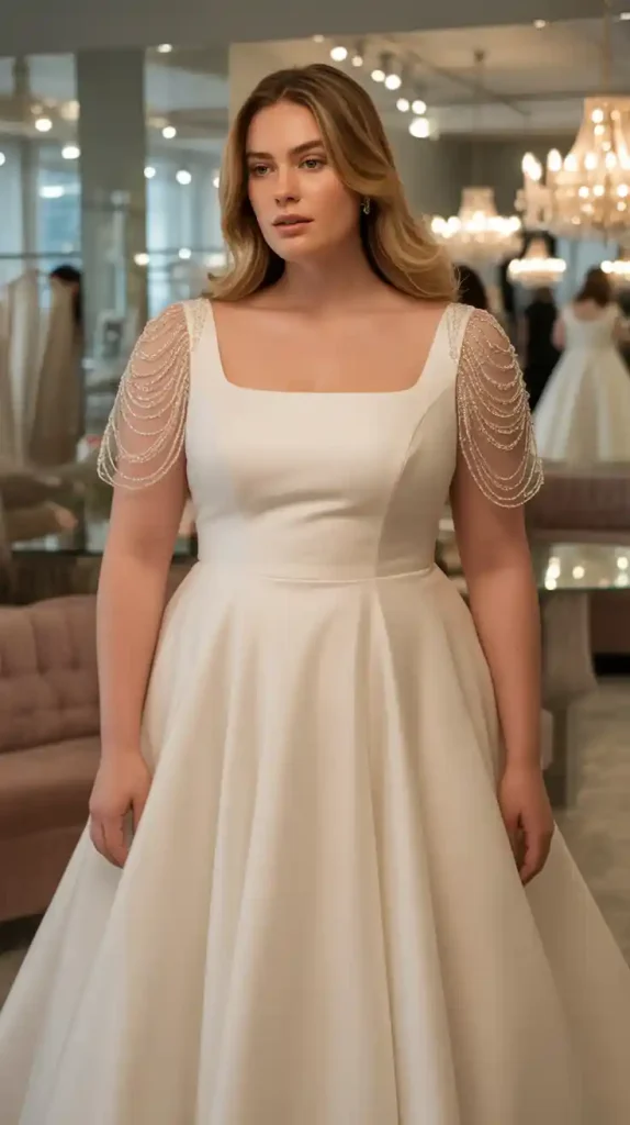Square Neck A Line with Embellished Cap Sleeves Wedding Dress