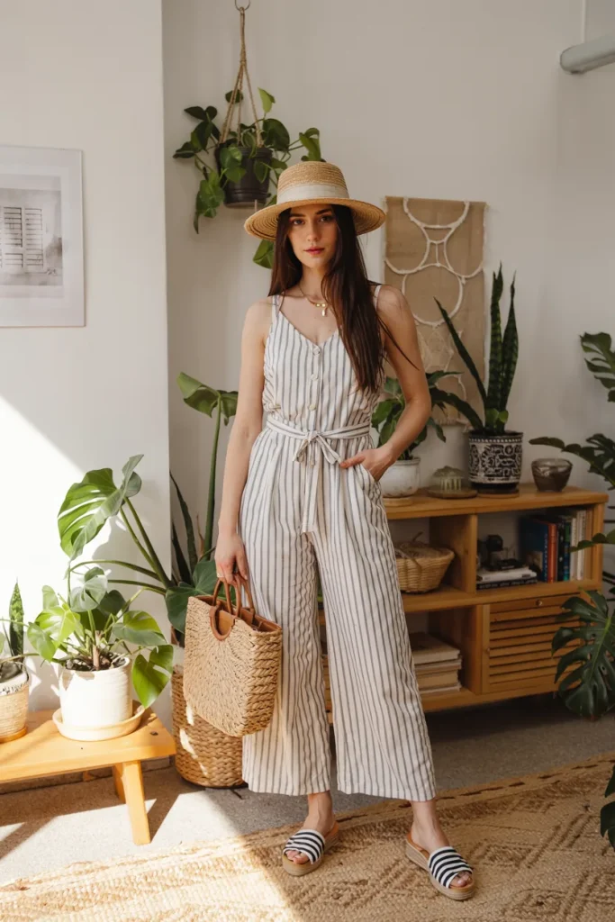 Striped Jumpsuit and Espadrille Sandals