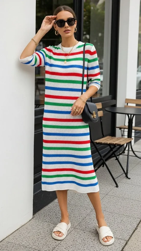 Striped Knit Midi Dress With Slides