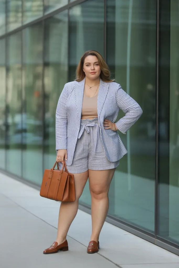 Striped Linen Blazer Paperbag Waist Shorts Work Outfit