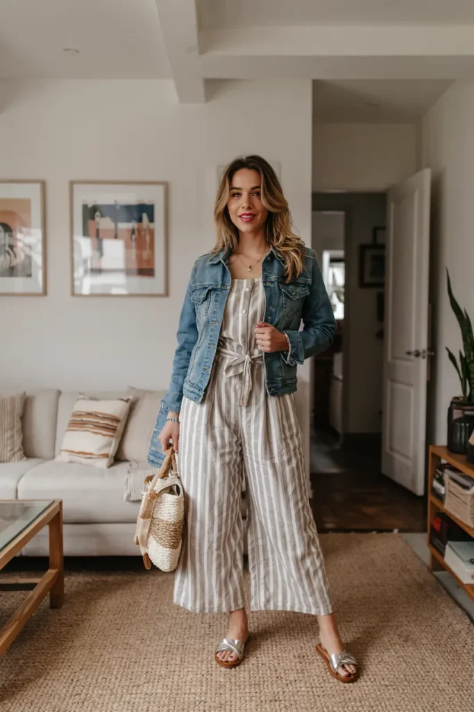 Striped Linen Jumpsuit with Denim Jacket