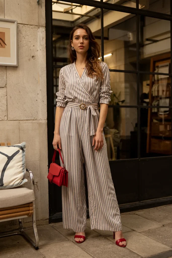 Striped Wrap Jumpsuit and Red Accessories