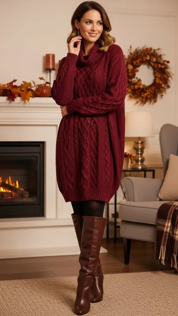 Sweater Dress with Tights and Knee High Boots