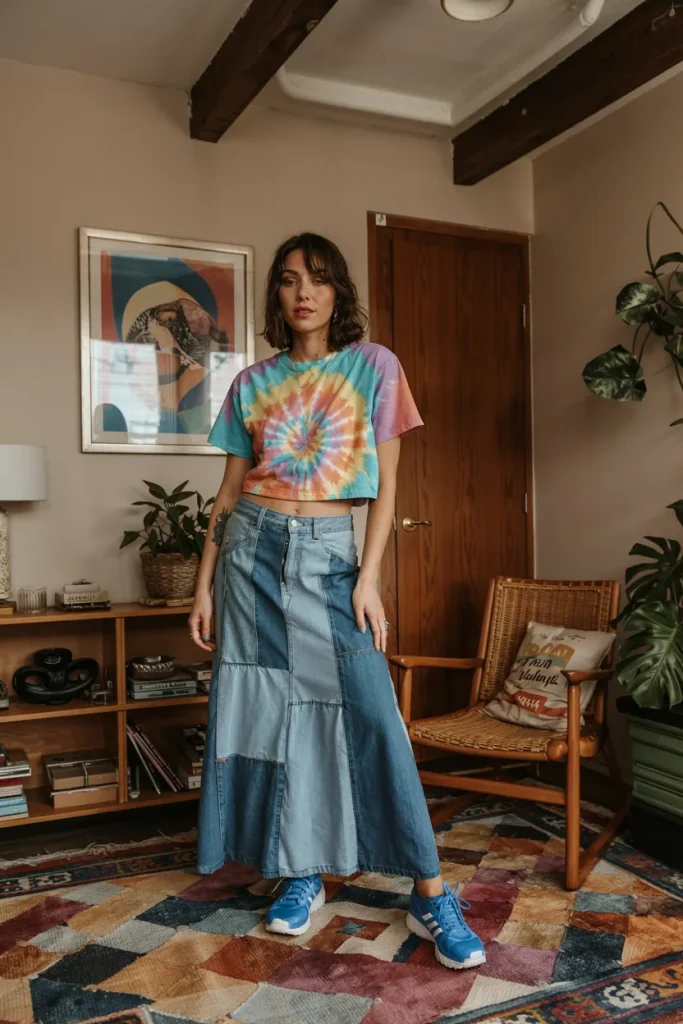 Tie Dye Baby Tee and Patchwork Denim Maxi Skirt