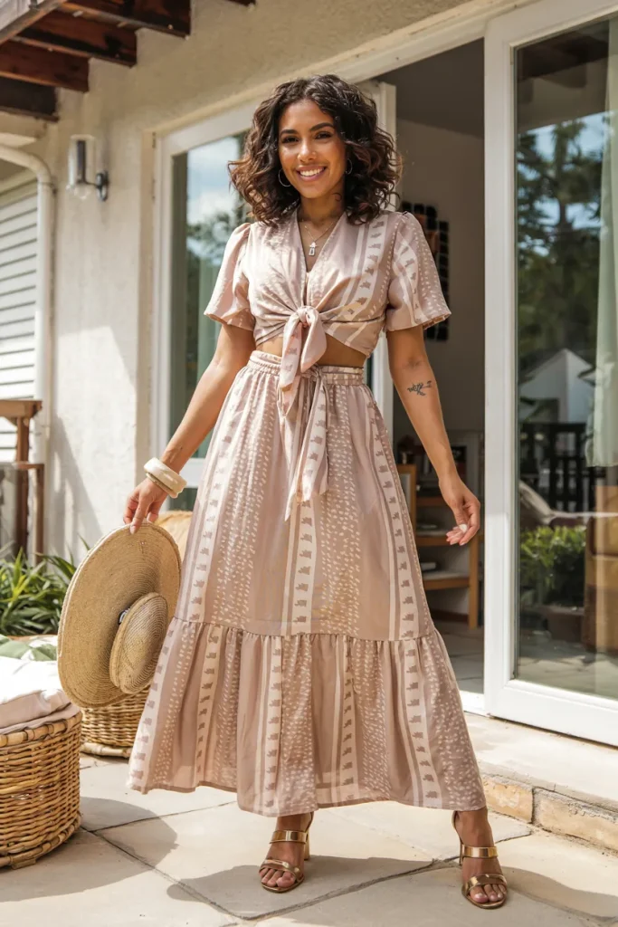 Tie Front Crop Top and Printed Maxi Skirt