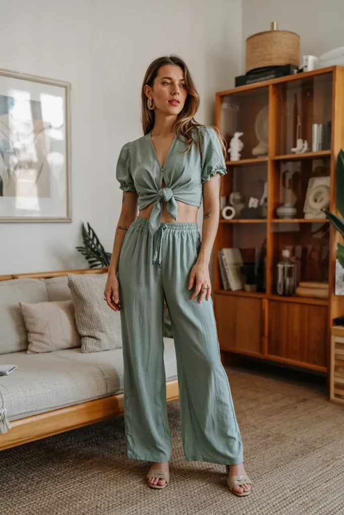 Tie Front Crop Top and Wide Leg Pants