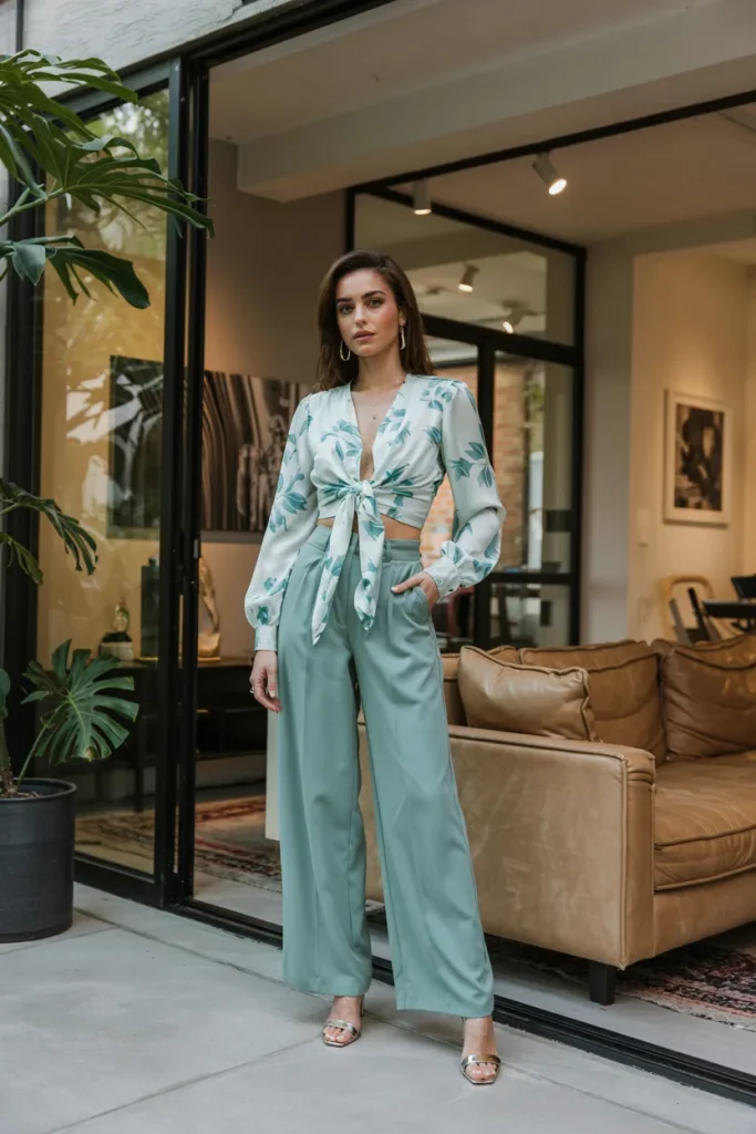 Tie Front Floral Blouse and Wide Leg Trousers