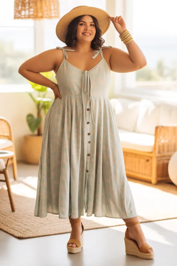 Tie Strap Button Front Midi Dress Espadrille Wedges Vacation Outfit
